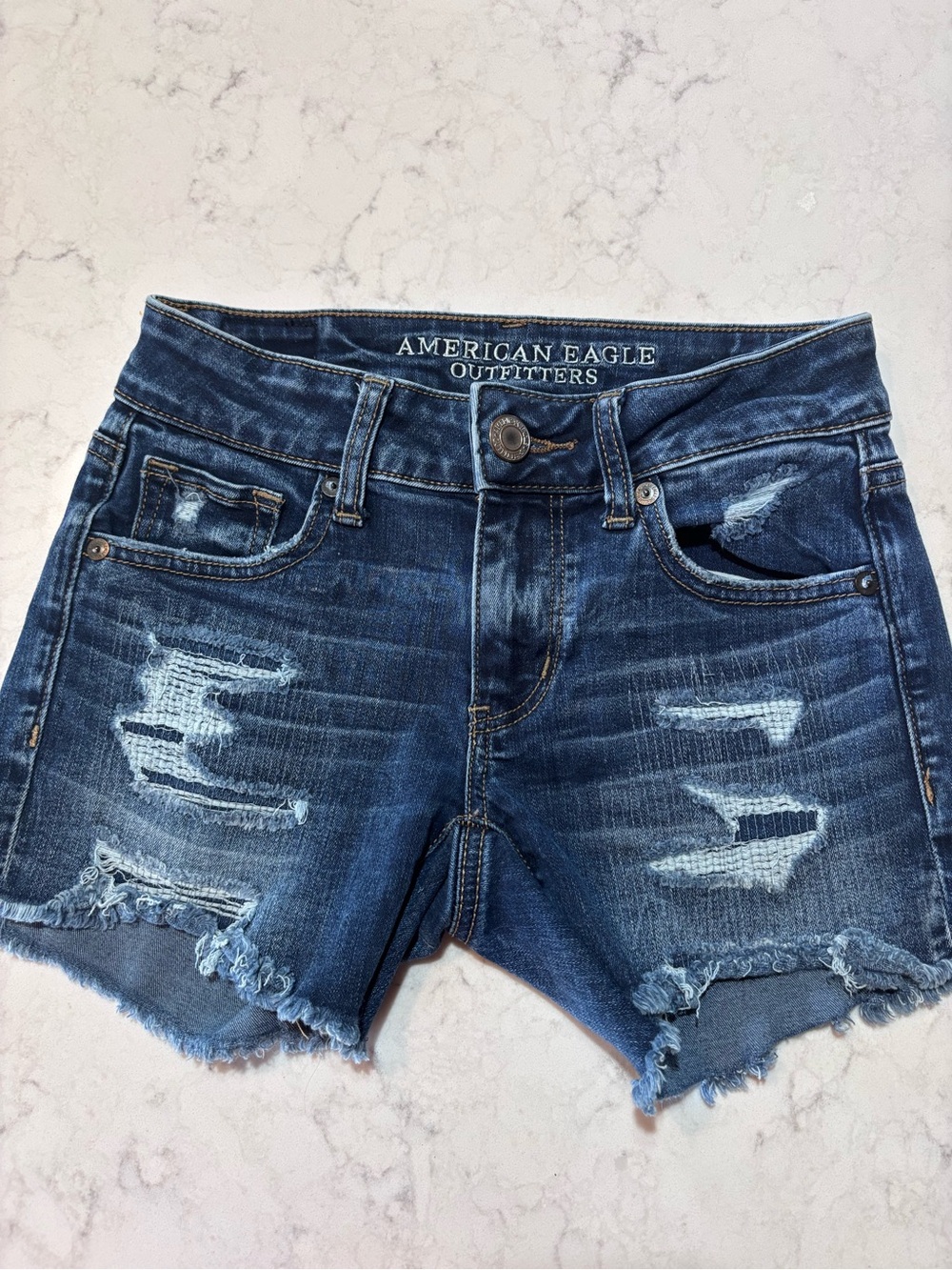 American Eagle Outfitters Dark Blue Distressed Denim Cutoff Shorts